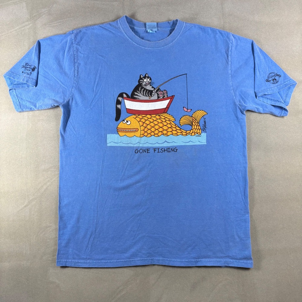 Crazy Shirts Mens Blue Hawaii Dyed B. Kliban Cat Gone Fishing Graphic T-Shirt L